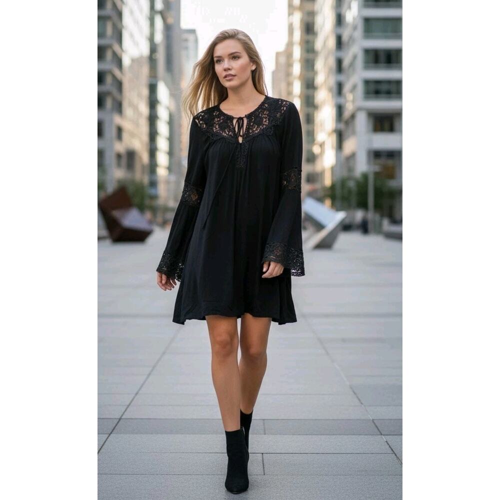 VNT Y2k Pol Mini Dress Tunic Sz S Black Lace Grunge Fairy Bell Sleeve Whimsigoth